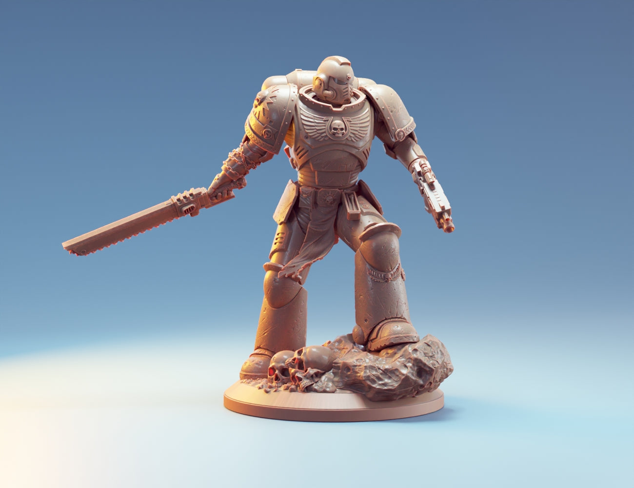 Unpainted miniature STL file figure of a scifi space warrior with armor and weapons on a gradient blue background