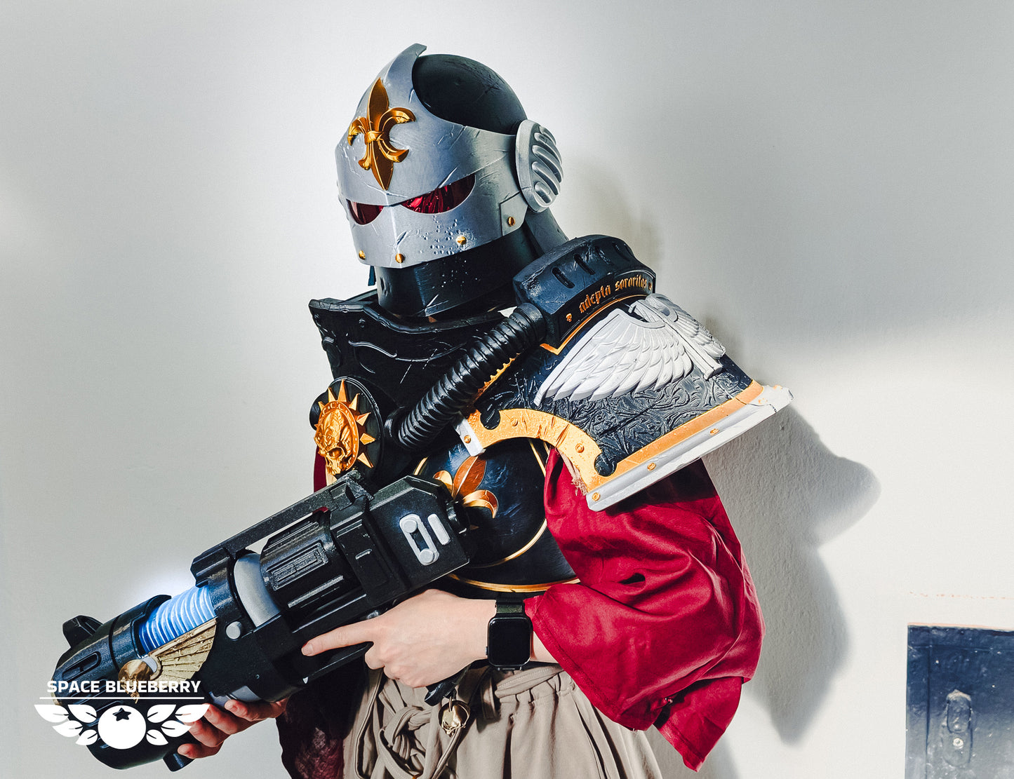 Person in a detailed red robe cosplay costume with a 3D printed Battle Sister helmet and plasma weapon against a plain background in wargaming style.