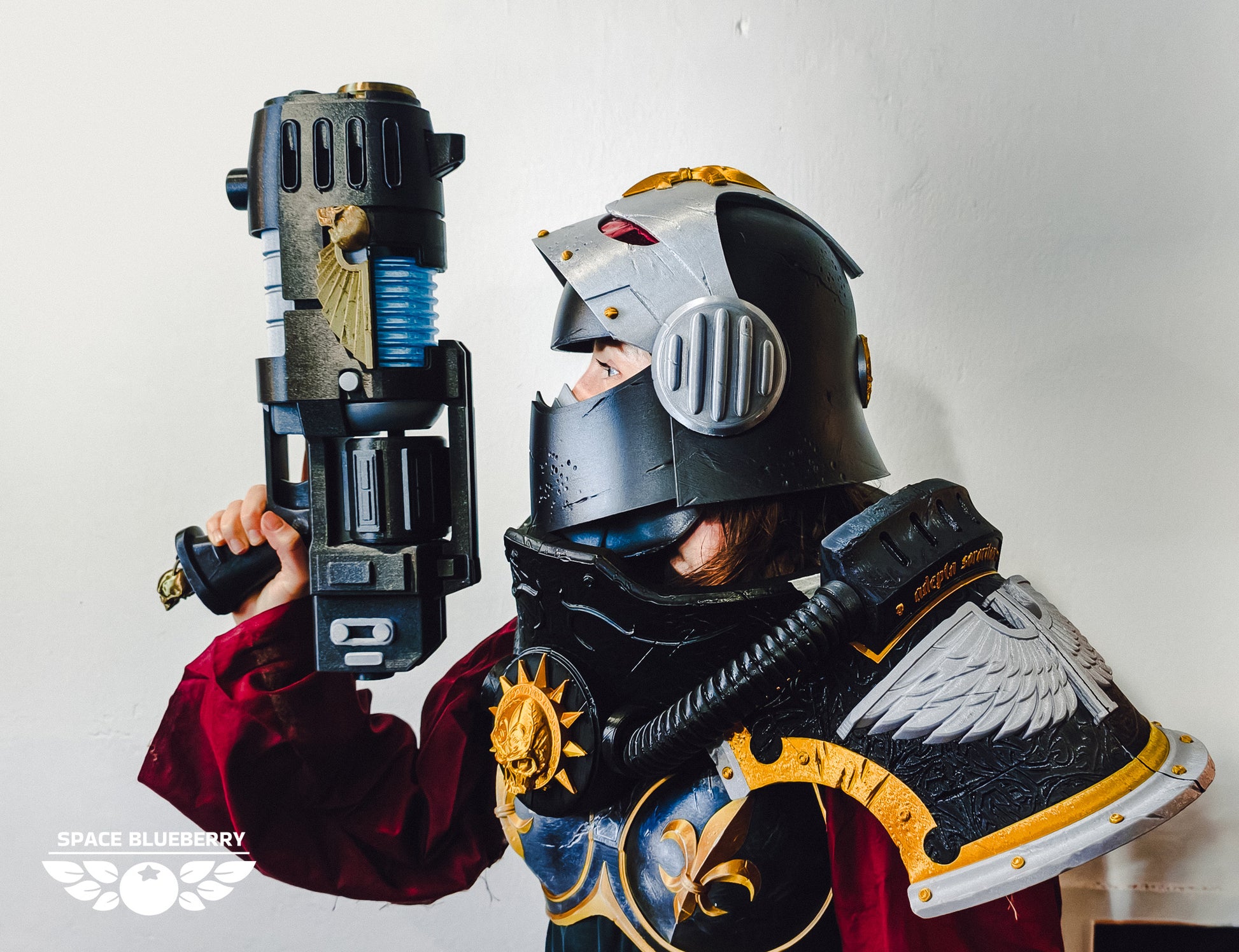 Person in detailed Battle Sister armor holding a futuristic plasma weapon against a plain background, with winged black and gold shoulder pauldron.